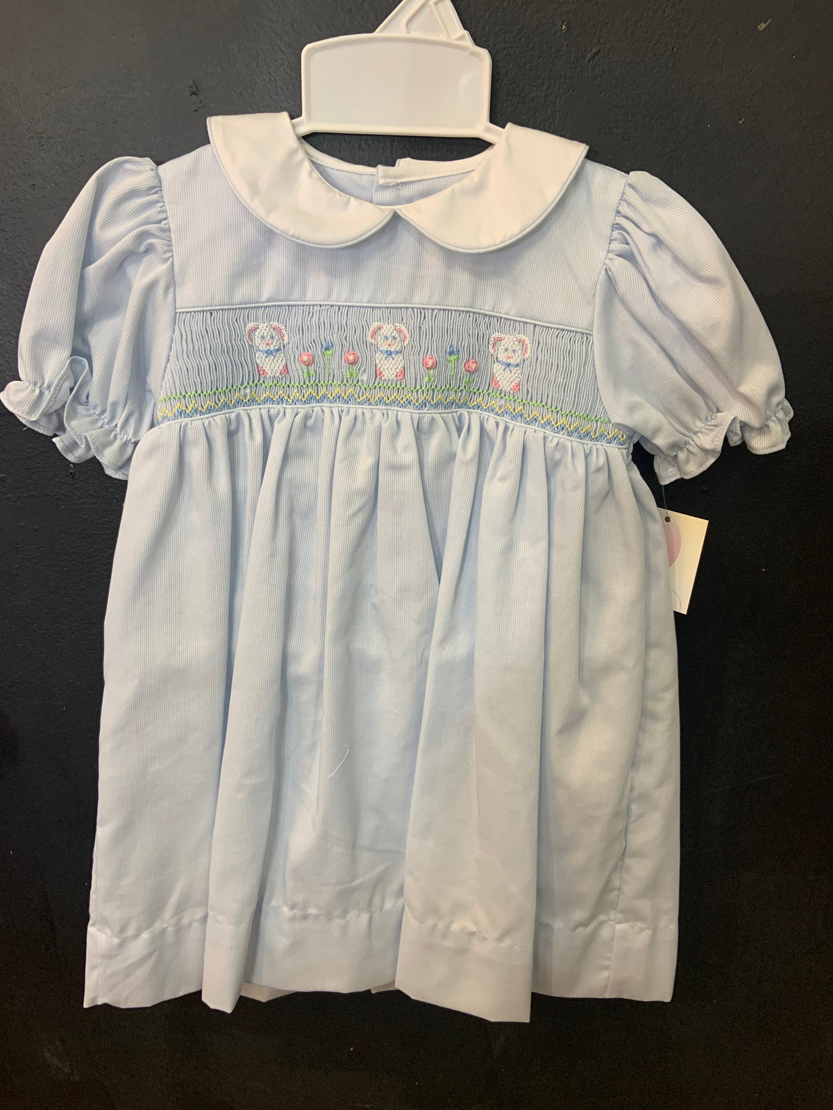 Petit Ami Blue Puff Short-Sleeve Easter Bunny Embroidery Smocked Dress
