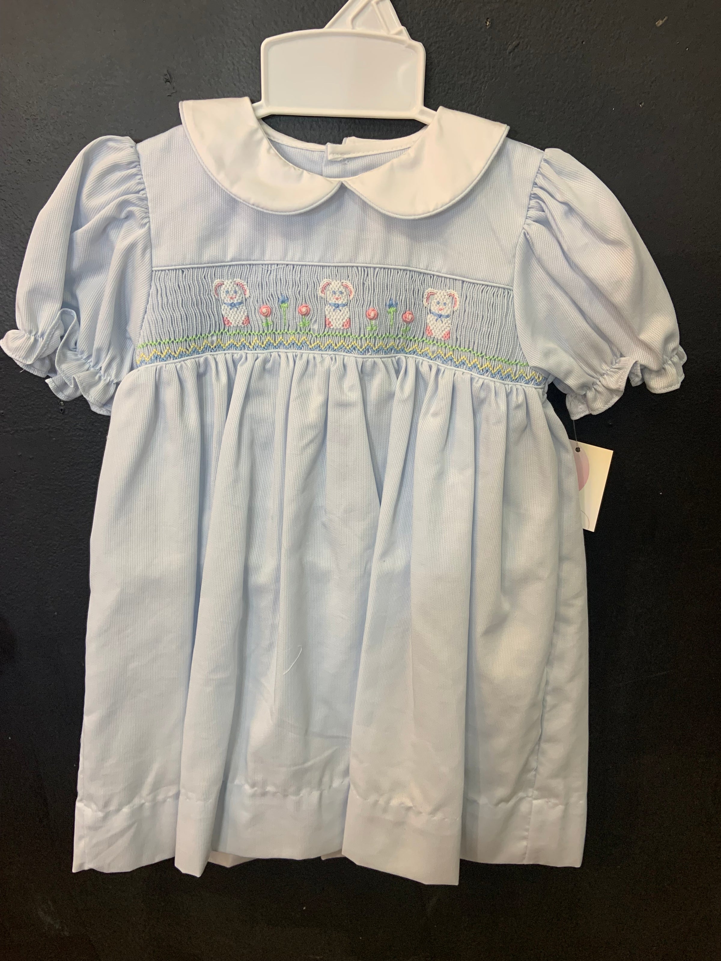 petit ami smocked dress Petit Ami Blue Puff Short-Sleeve Easter Bunny Embroidery Smocked Dress