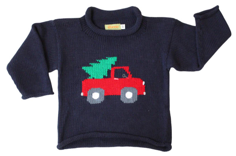 Claver Christmas Sweater Vintage Car & Tree