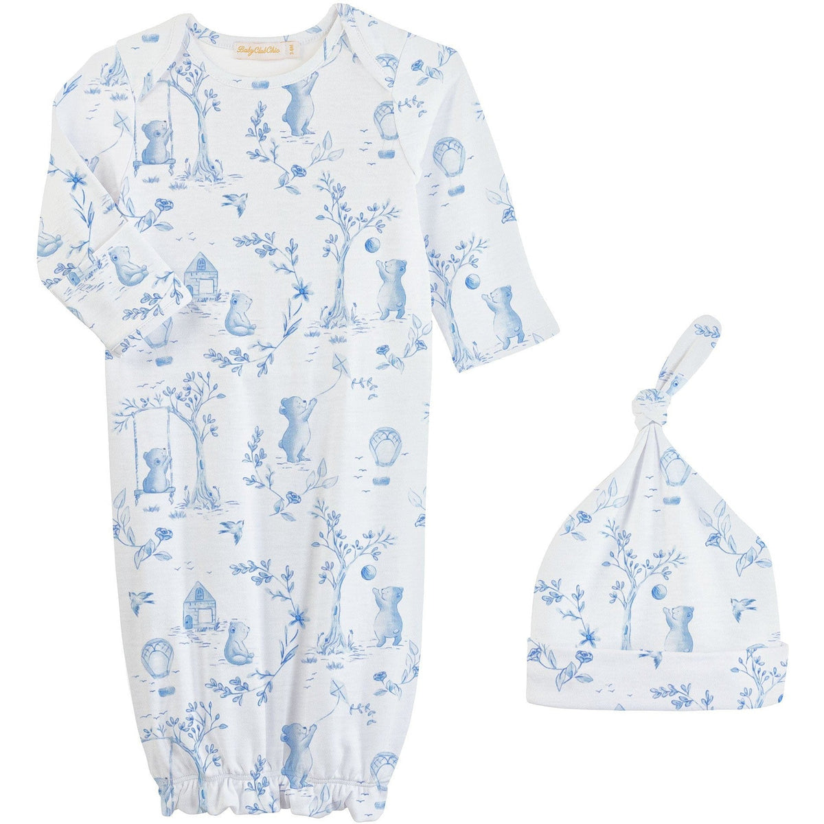 Baby Club Chic Toile De Jouy Blue Gown & Hat Set