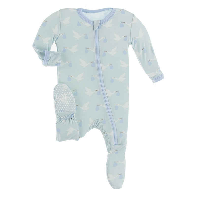 Kickee Pants Print Footie w/Zipper - Spring Sky Stork – Baby Go