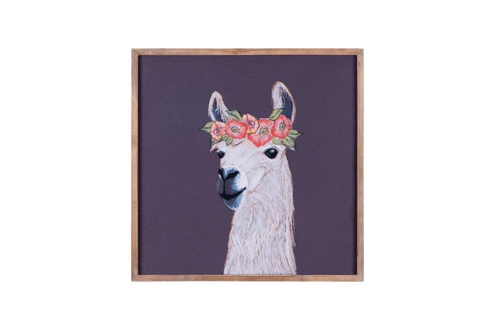 18" Square Wood Framed Wall Decor w/ Llama with Flower Crown