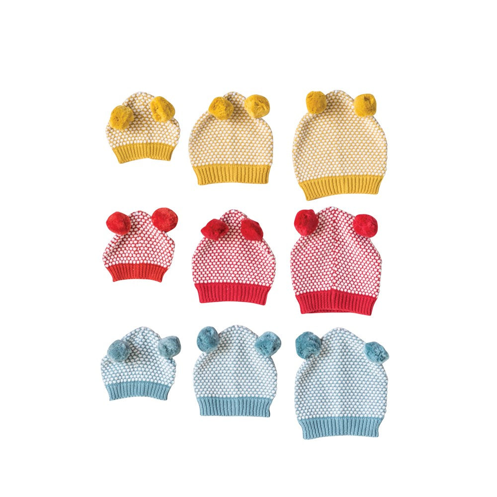 Cotton Knit Hat w/ Pom Poms, 3 Colors, 3 Assorted Sizes