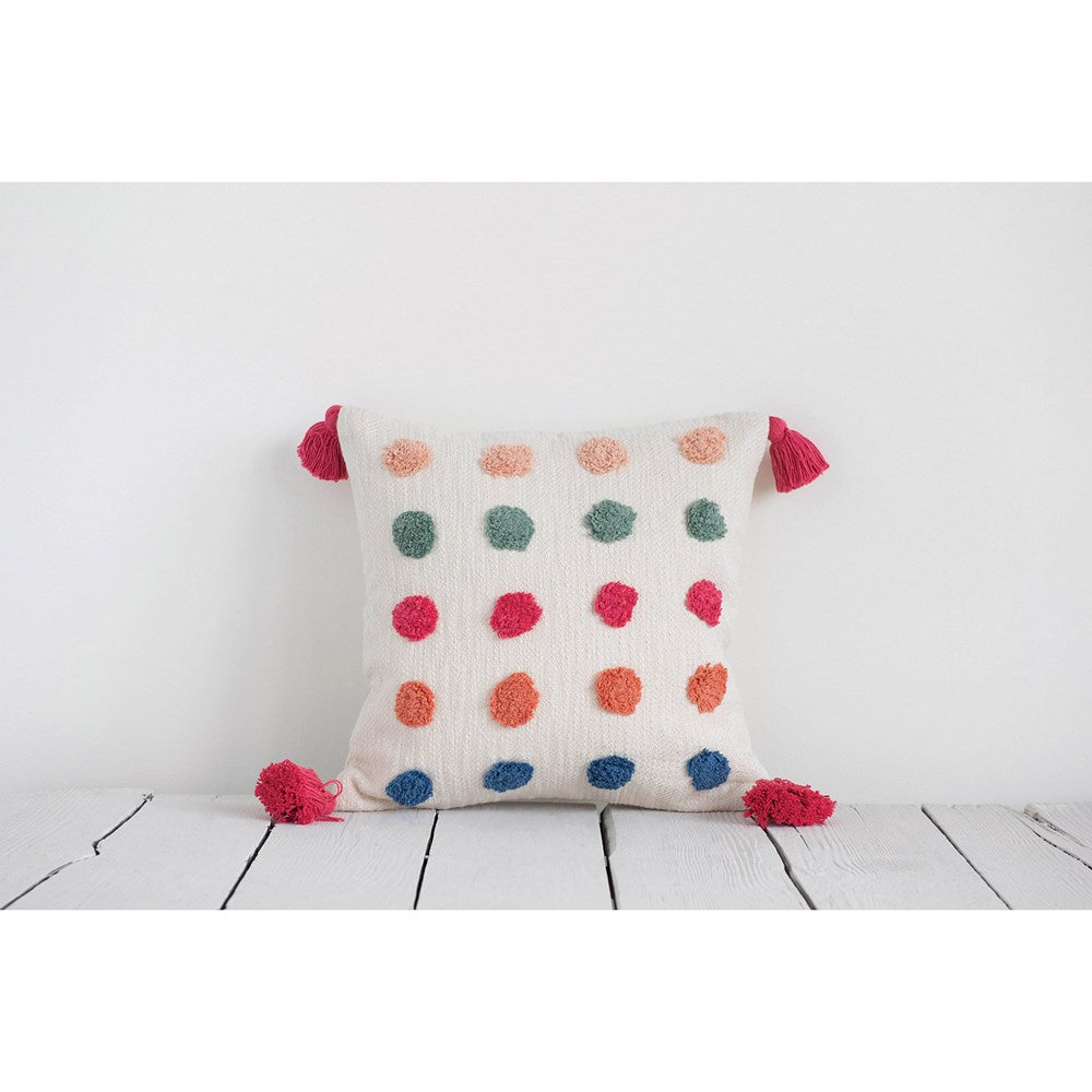 16" Square Woven Cotton Pillow w/ Tufted Dots & Tassels, Multi Color