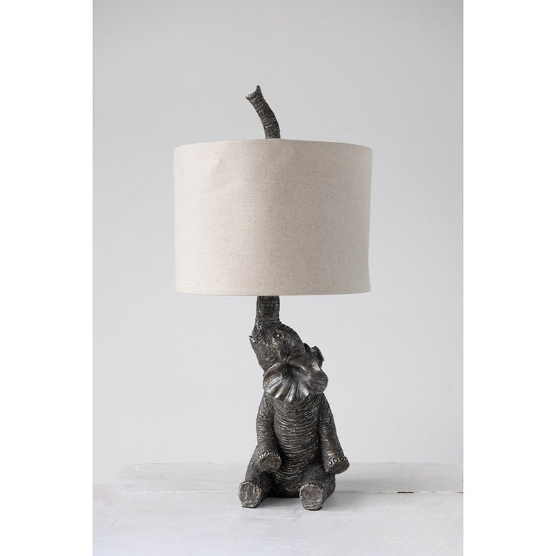 Resin Elephant Table Lamp w/ Linen Shade, Grey (60 Watt Bulb Maximum)