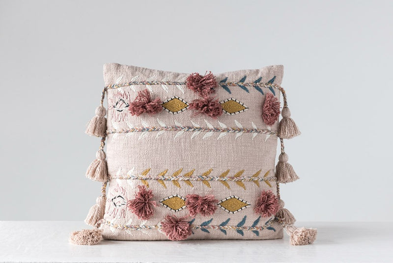 16" Square Woven Cotton Pillow w/ Tufted Dots & Tassels, Multi Color