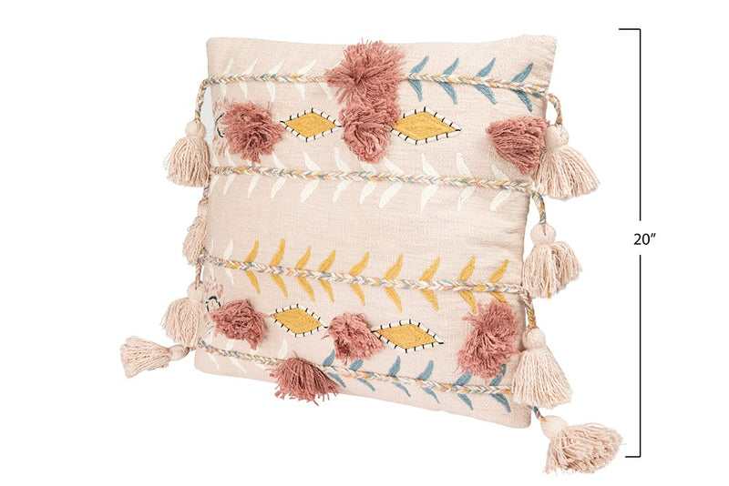 20" Square Cotton Embroidered Pillow w/ Tassels & Applique, Pink