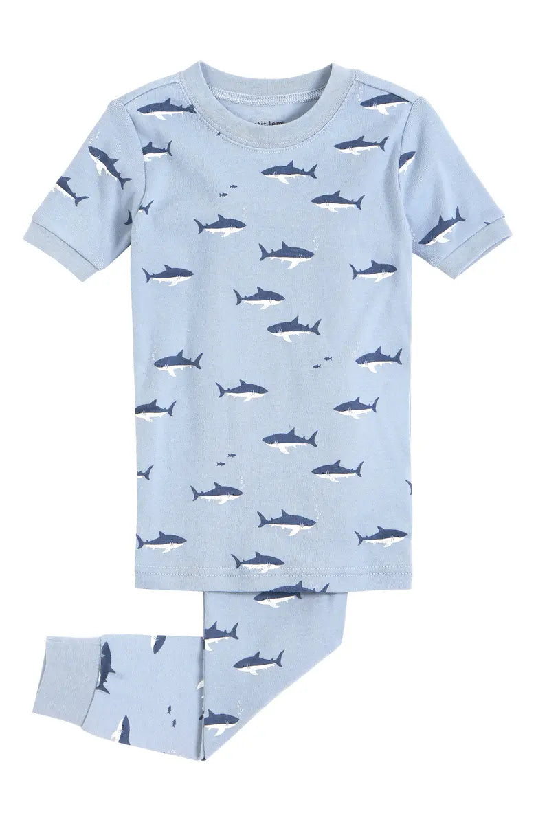 Petit Lem Kids' Shark Print Short Sleeve Organic Cotton Fitted Two-Piece Pajamas
