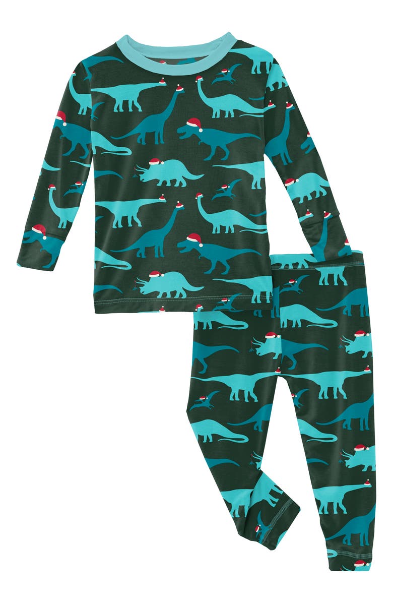 Kickee Pants Print Long Sleeve Pajama Set- Santa Dinos
