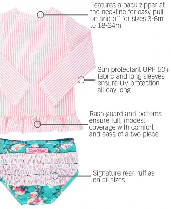 Ruffle Butts Pink Seersucker Floral Long Sleeve Rash Guard