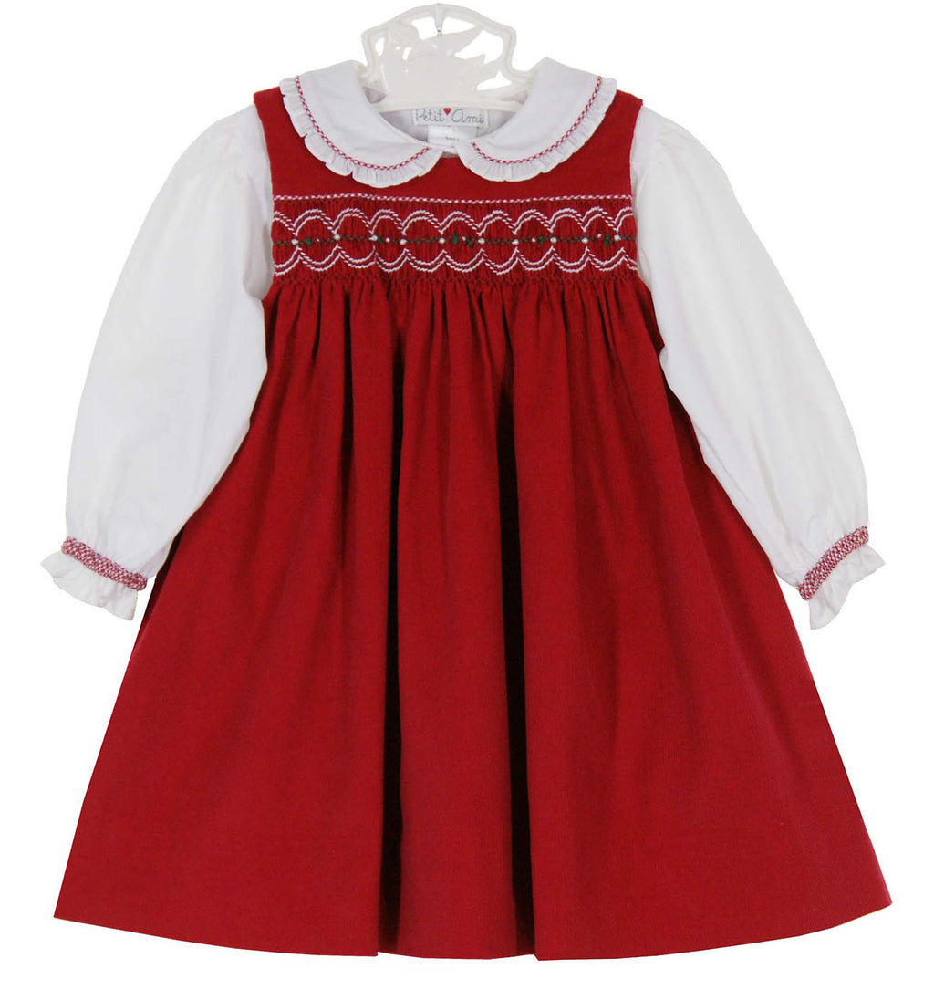 Petit Ami Red Cotton Pinwale Corduroy dress with red & White Smocking