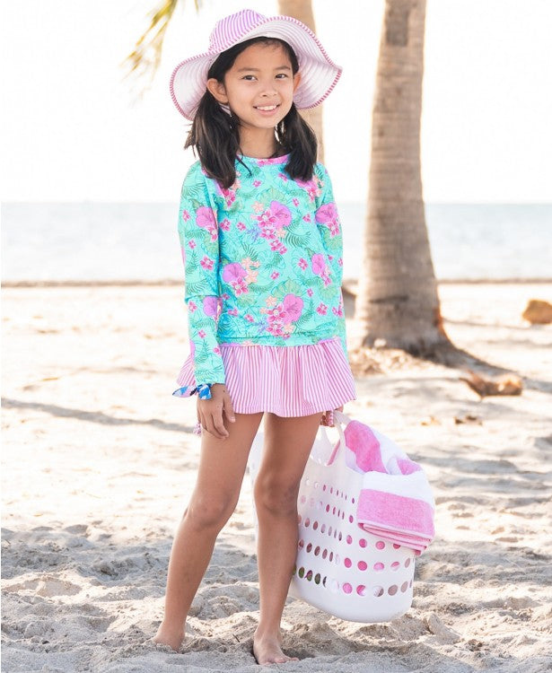 Baby Girls' Tropical Print Long Sleeve Rash Guard Swimsuit With Attached  Skirt And Headband