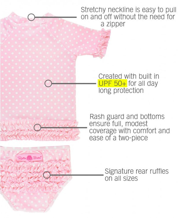 RuffleButts Pink Polka Dot Ruffled Rash Guard Bikini