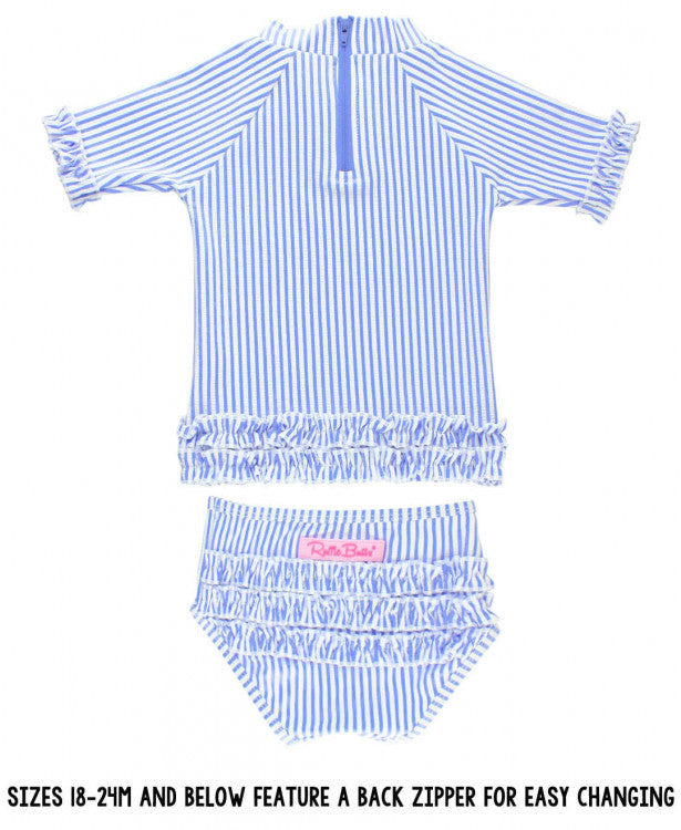 Ruffle Butts Periwinkle Blue Seersucker Rash Guard Bikini