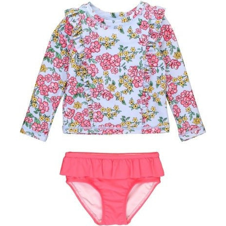 RuffleButts Princess Seam Ruffle Rash Guard 2-Piece | Cheerful Blossoms