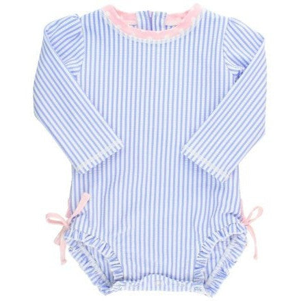 RuffleButts Seersucker Long Sleeve Rash Guard One Piece | Periwinkle Blue Seersucker